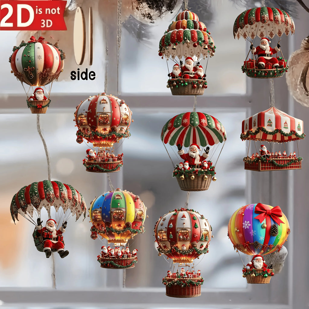 10-Piece Christmas Wooden Hot Air Balloon & Santa Claus 2D Flat Pendant Set - Perfect Holiday Tree Decorations & Gifts!