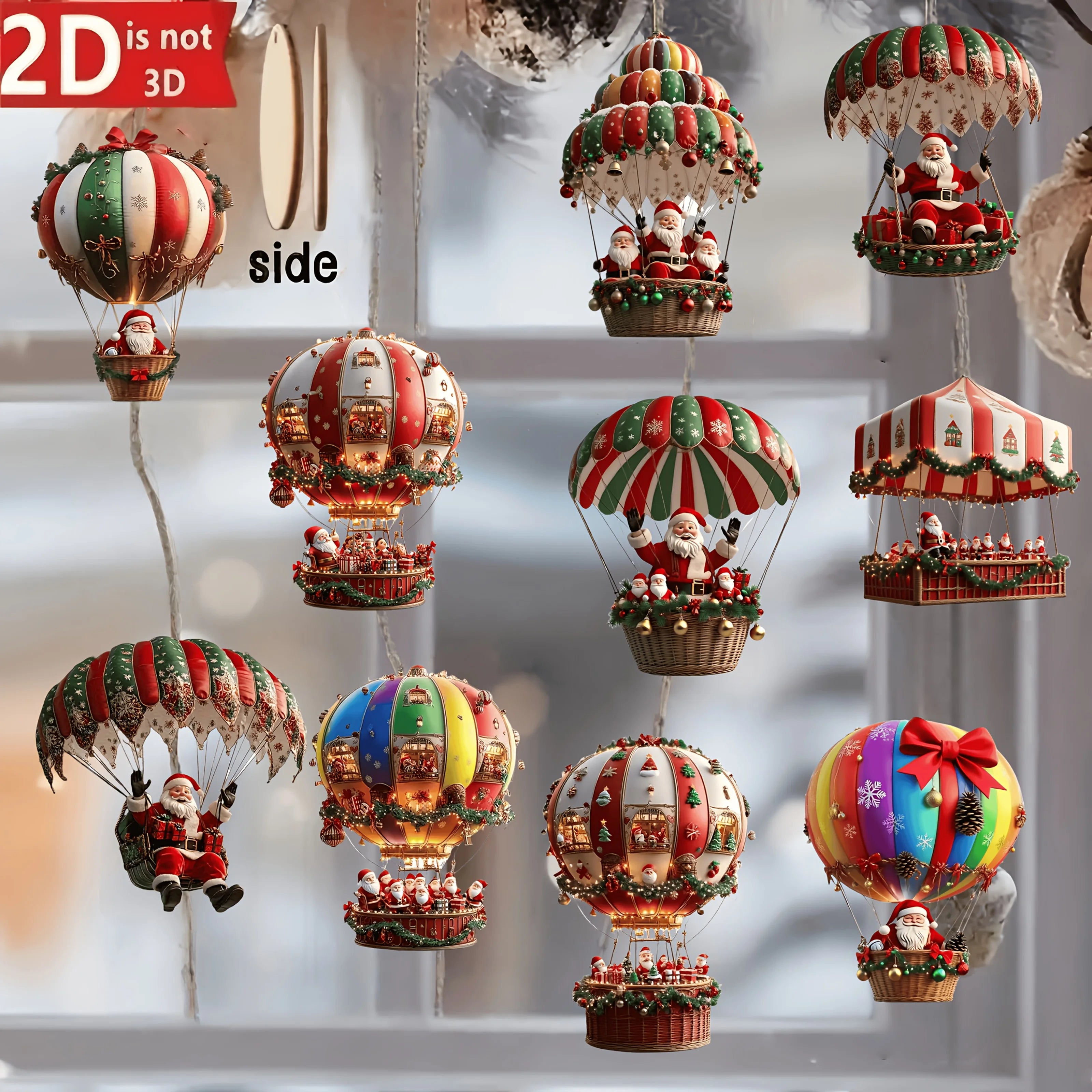 10-Piece Christmas Wooden Hot Air Balloon & Santa Claus 2D Flat Pendant Set - Perfect Holiday Tree Decorations & Gifts!