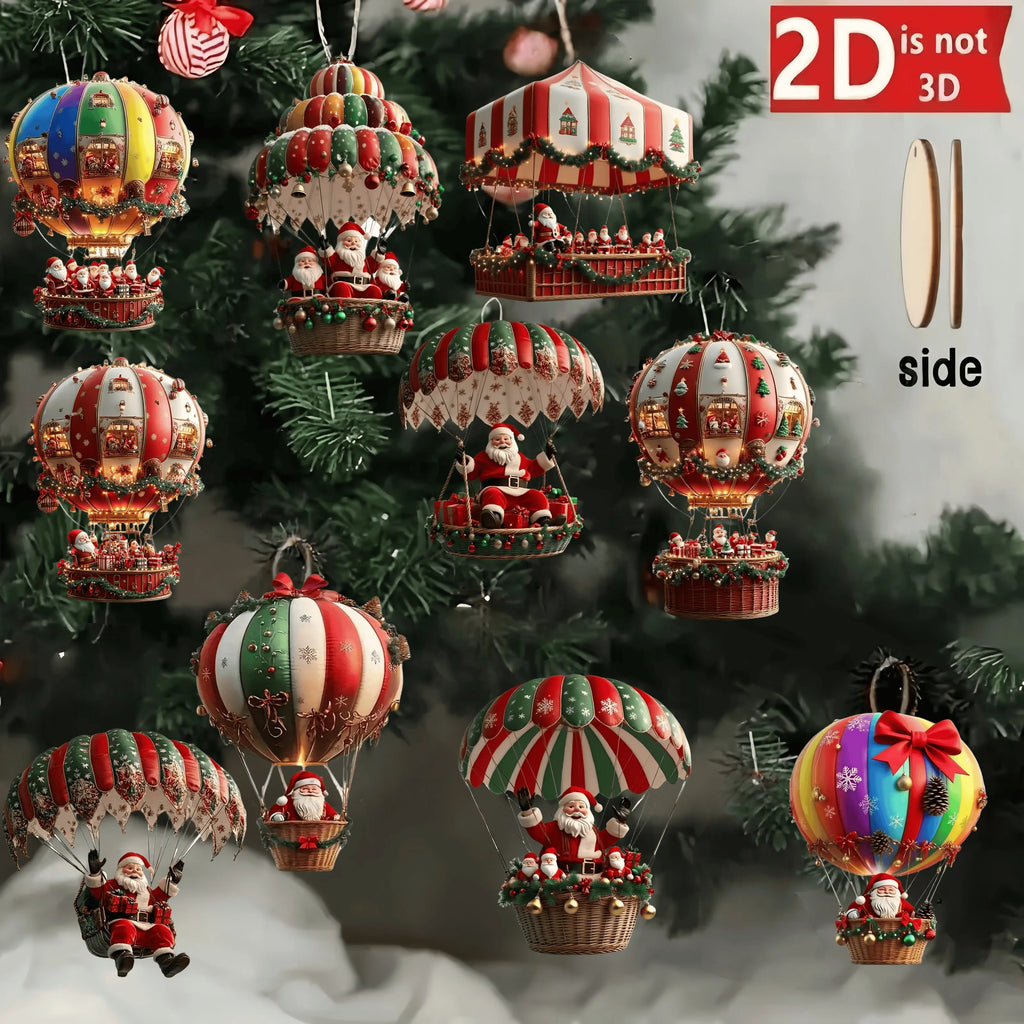 10-Piece Christmas Wooden Hot Air Balloon & Santa Claus 2D Flat Pendant Set - Perfect Holiday Tree Decorations & Gifts!