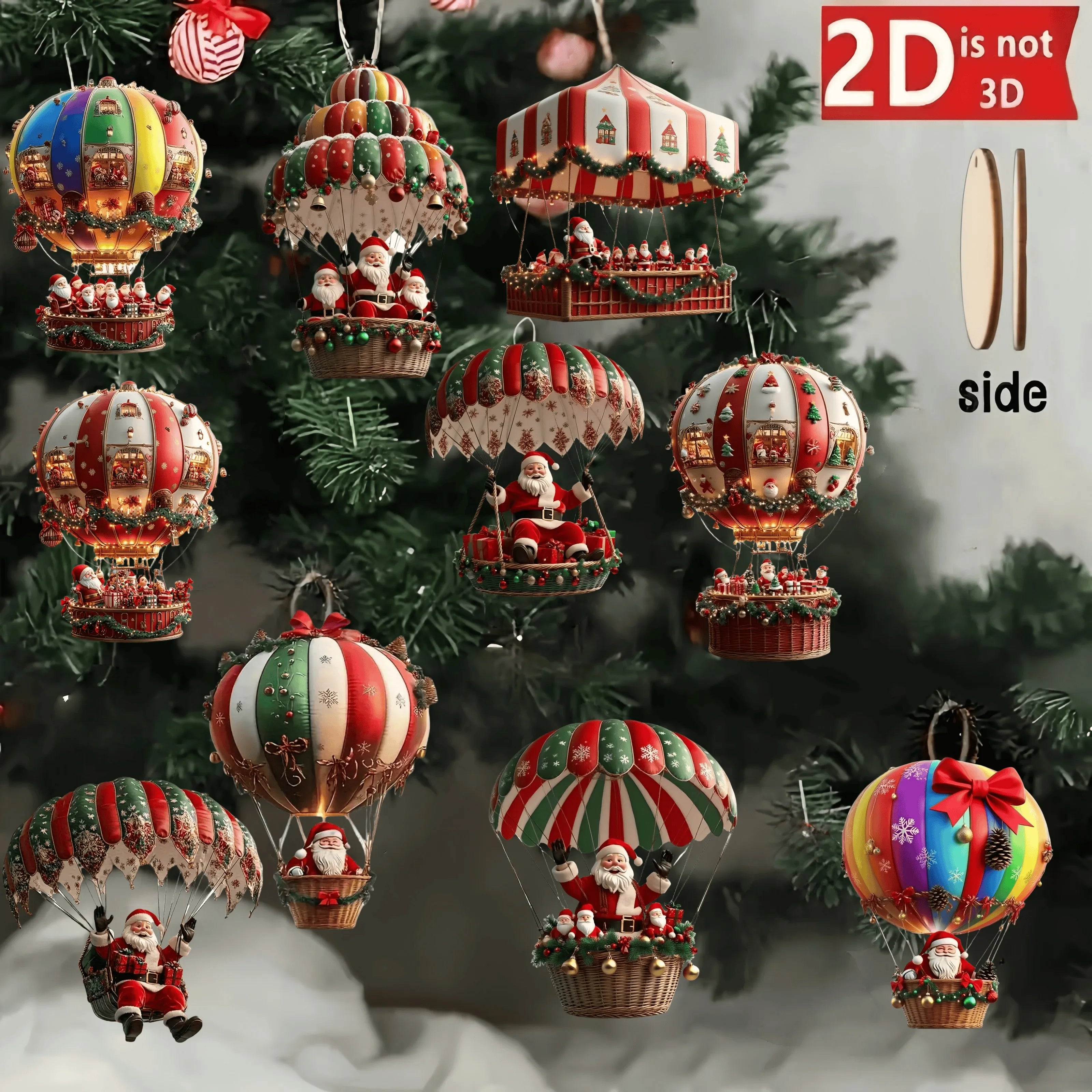 10-Piece Christmas Wooden Hot Air Balloon & Santa Claus 2D Flat Pendant Set - Perfect Holiday Tree Decorations & Gifts!