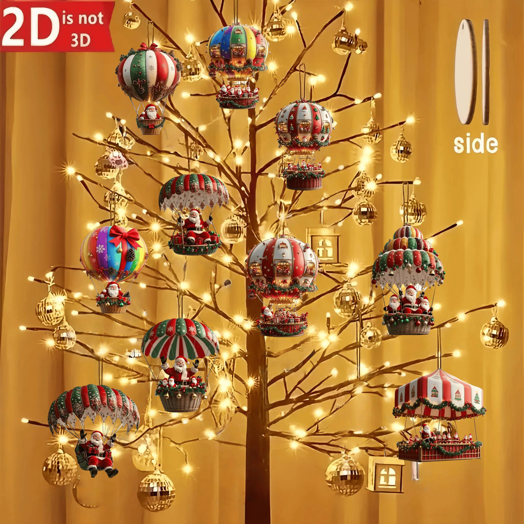 10-Piece Christmas Wooden Hot Air Balloon & Santa Claus 2D Flat Pendant Set - Perfect Holiday Tree Decorations & Gifts!