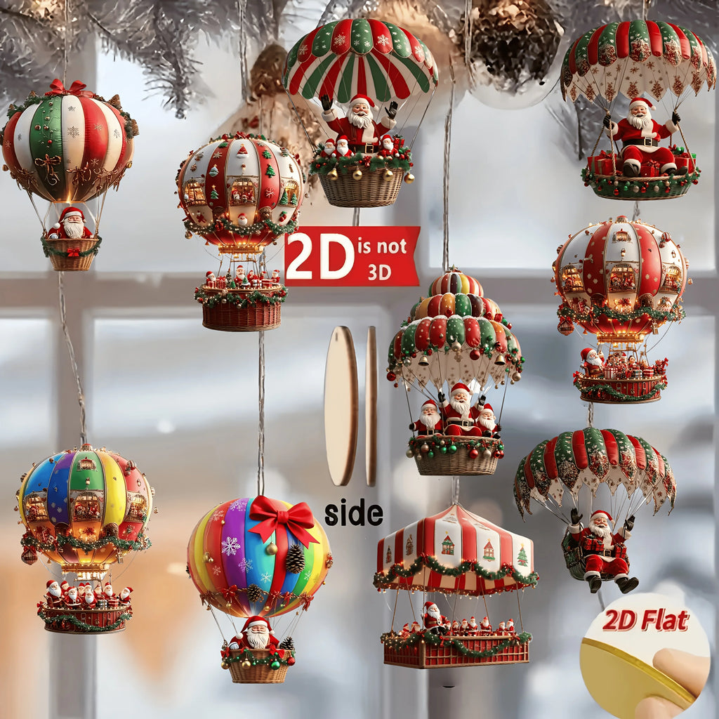 10-Piece Christmas Wooden Hot Air Balloon & Santa Claus 2D Flat Pendant Set - Perfect Holiday Tree Decorations & Gifts!