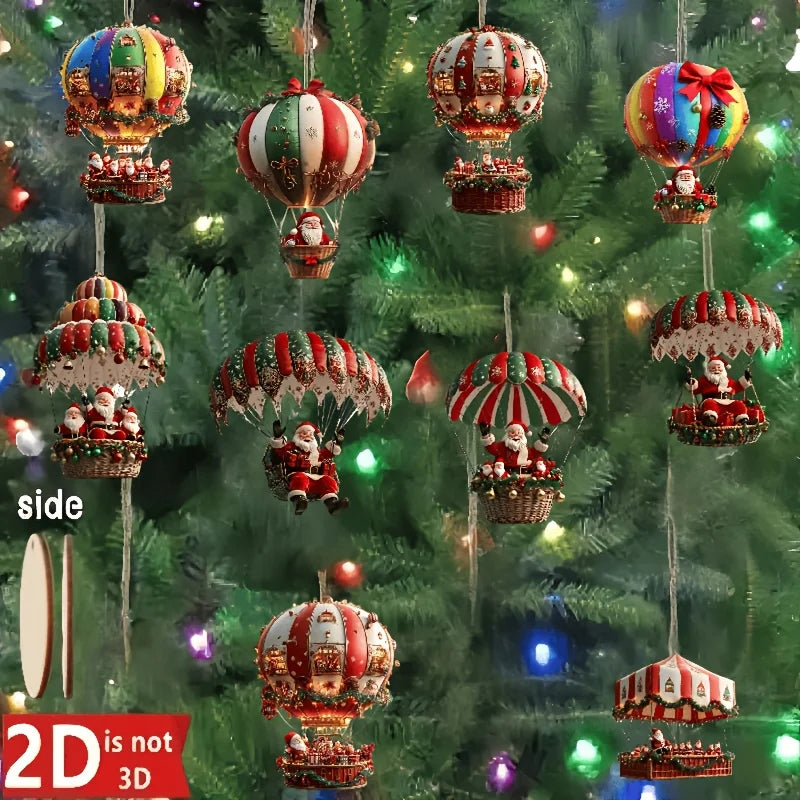 10-Piece Christmas Wooden Hot Air Balloon & Santa Claus 2D Flat Pendant Set - Perfect Holiday Tree Decorations & Gifts!